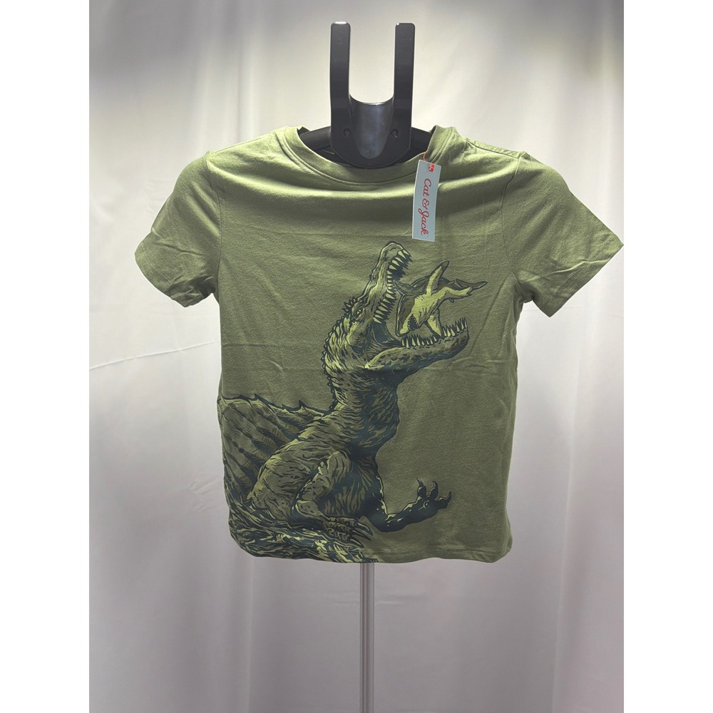 Cat & Jack Boys Olive Green Dinosaur Shark Graphic Tee Shirt Size M 8 NWT